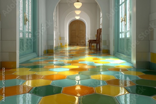 Vibrant Hexagon Tiles Create a Colorful Path in a Bright Hallway Generative AI