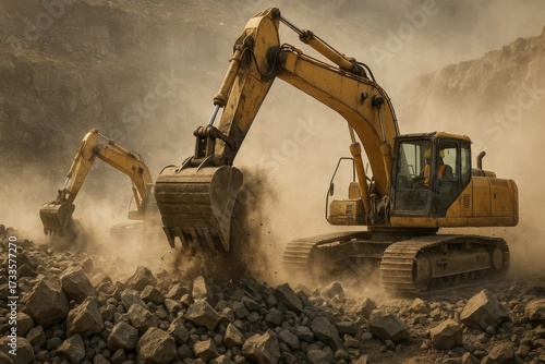 Two excavators work diligently in a dusty, rocky environment. Heavy machinery moves earth during a large construction project.