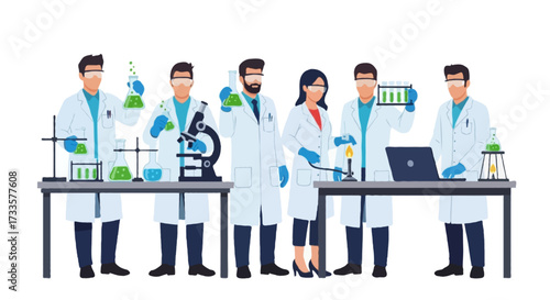 A flat vector illustration of a faceless team of scientists in white lab coats, gloves, and goggles, standing together with different lab equipment