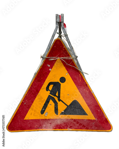 old warning triangle sign, man digging sign roadwork