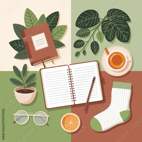 Cozy Home Study Scene With Plants Open Notebook And Coffee Cup graphic design
