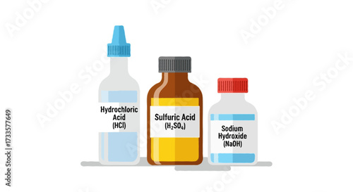 A flat vector illustration of chemical reagent bottles with labels, clean flat design, no outlines, isolated on white background.