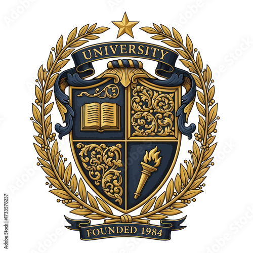 University crest featuring a shield with an open book, torch, and laurel wreath, founded in 1984.