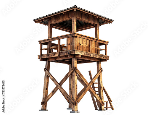 Wooden observation tower with a box-like structure and visible supporting beams