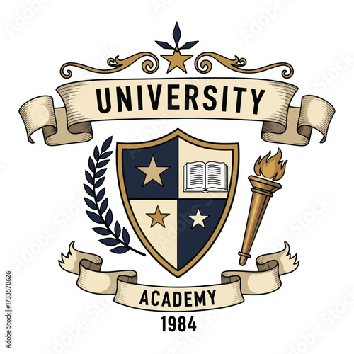 Vintage university academy crest with a torch, open book, stars, and laurel wreath, symbolizing education and achievement.
