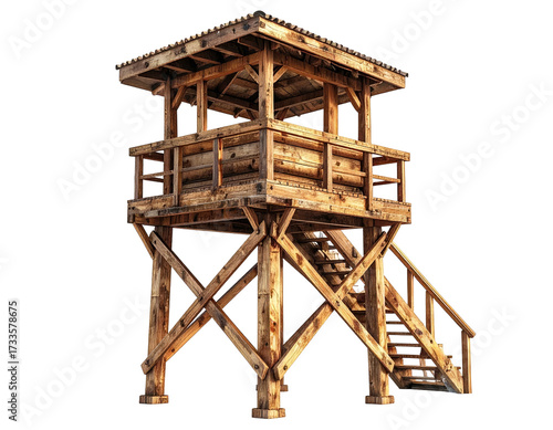 Tall wooden structure with a viewing platform, accessible by exterior stairs