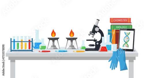 A flat vector illustration of a laboratory workbench with test tubes, burners, and microscopes on the table, flat vector style, no outlines, isolated on white background