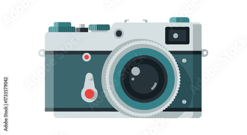 A flat vector illustration of a vintage film camera, simple flat design, bold colors, no outlines, isolated on white background