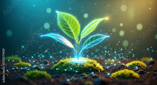 Smart farming network and genetic data analysis. Sustainable agriculture and future technology. Glowing plant on moss connected by a blue digital mesh web