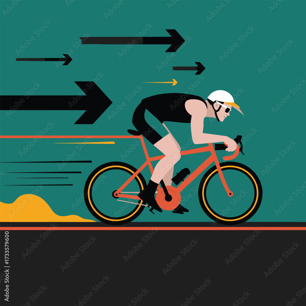 Fototapeta premium Cyclist in Motion with Speed Arrows and Orange Accents Keywords: cyclist, cycling, bicycle, sport, speed, motion, race, athlete, helmet, road