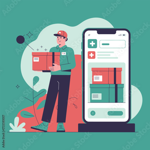 Delivery man holding packages next to a smartphone displaying delivery app interface