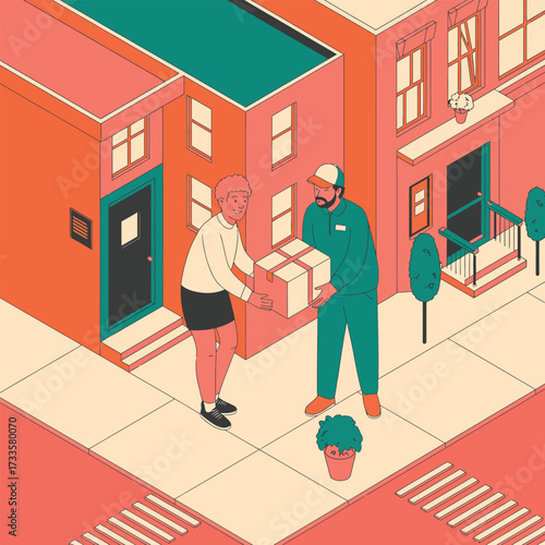 Delivery person hands a package to a person in front of a building courier recipient