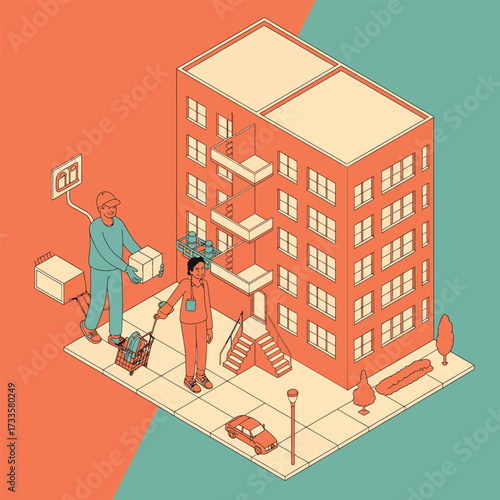 Delivery person with package and cart outside an apartment building courier shopping cart