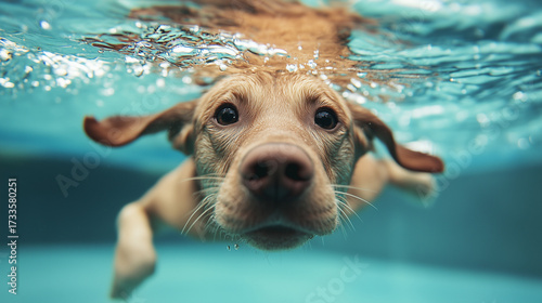 Dog swims underwater in a clear pool during a sunny afternoon, showcasing playful energy and curiosity