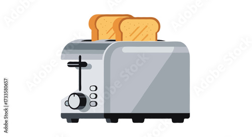 A flat vector illustration of a modern toaster with two bread slices, clean shapes, bold flat colors, no outlines, isolated on white background