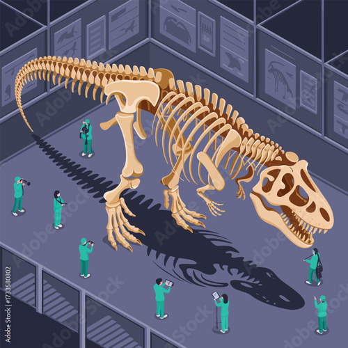 Dinosaur Skeleton Exhibit With Visitors In Museum Isometric View Keywords: dinosaur, skeleton, fossil, museum, exhibition, paleontology, t-rex