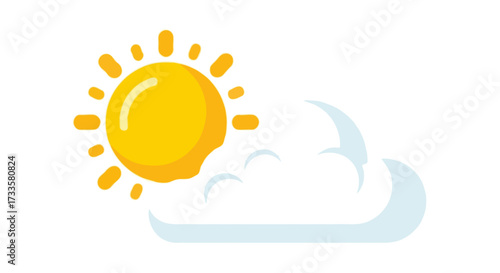 A flat vector illustration of the sun and a fluffy cloud, bold flat colors, clean design, no outlines, isolated on white background