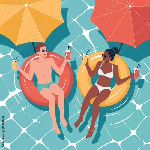 Diverse couple relaxing in inner tubes with drinks under umbrellas in a pool woman