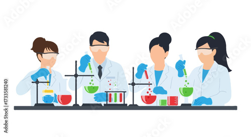 A flat vector illustration of faceless researchers collaborating in a chemistry lab, mixing colorful liquids in glassware, wearing safety goggles and gloves