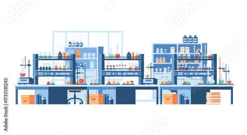 A flat vector illustration of a chemistry lab interior with tables, beakers, flasks, and shelves, minimal flat design, clean shapes, bold flat colors, no outlines, isolated on white background