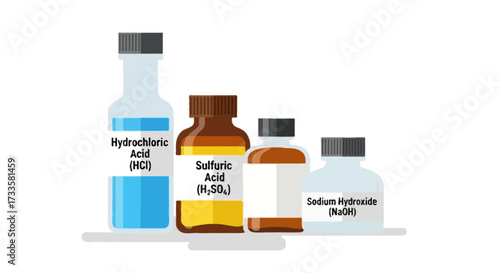 A flat vector illustration of chemical reagent bottles with labels, clean flat design, no outlines, isolated on white background.