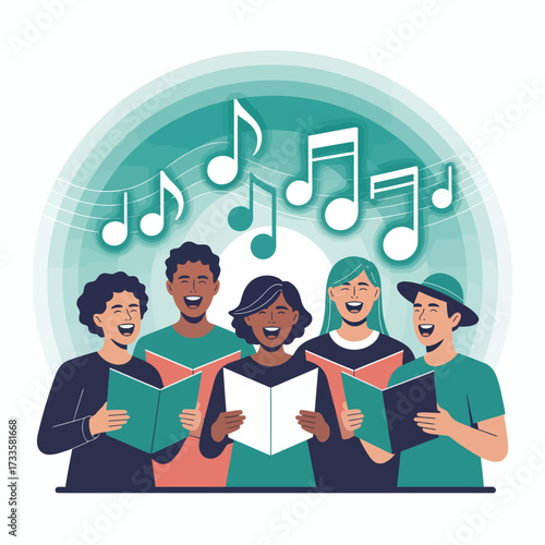 Diverse group of five people singing together with musical notes floating above choir