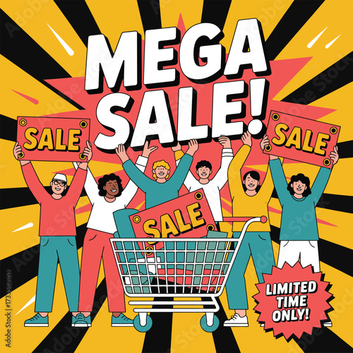 Diverse group of people celebrating a mega sale with shopping cart and sale signs