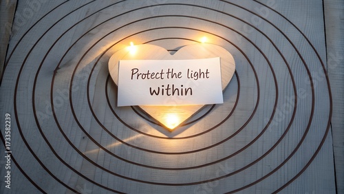 Wooden heart with a glowing message of light and protection
