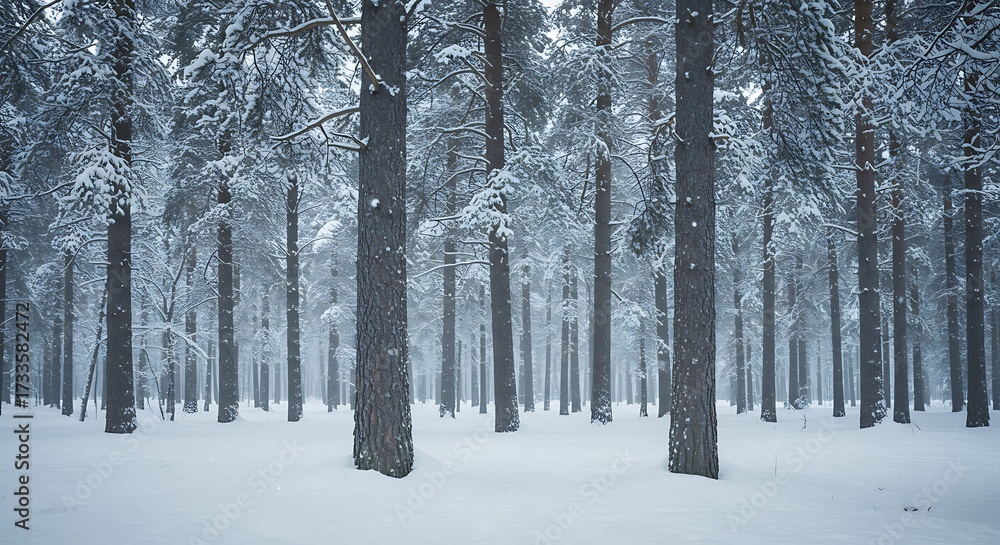 Fototapeta premium Serene winter wonderland: A snow-covered forest scene with tall trees and fresh snow