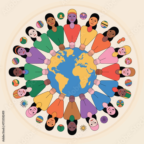 Diverse group of people holding hands around the globe symbolizing unity diversity