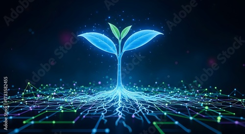 Plant biotechnology and genetic engineering research. Digital root system analysis and crop optimization. Glowing blue seedling with roots spreading over a futuristic geometric network