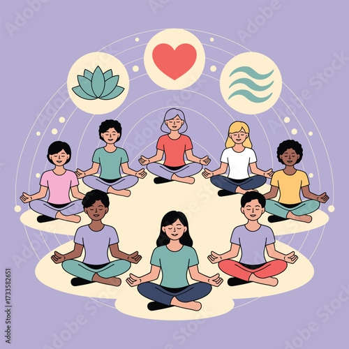 Diverse group of people meditating in a circle with spiritual symbols meditation