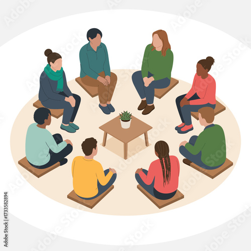 Diverse group of people sitting in a circle for a group therapy session graphic design