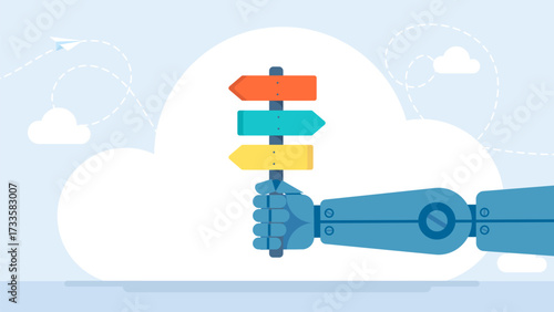 Robot hand hold road sign with arrows or ways of development. Machine learning. Bot with AI give decision, choose alternative pathway, choice, deciding, find right solution. Vector illustration