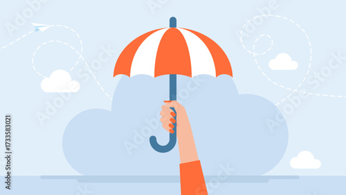 Female hand holding open umbrella. The concept of protection and insurance. Woman's safety. Flat cartoon style. Vector illustration. 