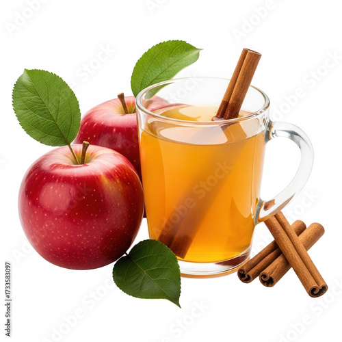 Red apples and cinnamon cider isolated on a transparent background