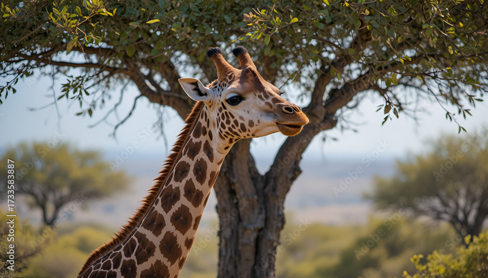 Obraz premium Giraffe grazes near a tree in the african savanna on a sunny day
