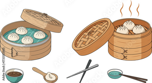 Bamboo steamers with dumplings and dipping sauce in flat style, transparent background  