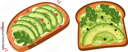 Avocado toast with sliced avocados and arugula on whole grain bread — Concept of flat style, transparent background  