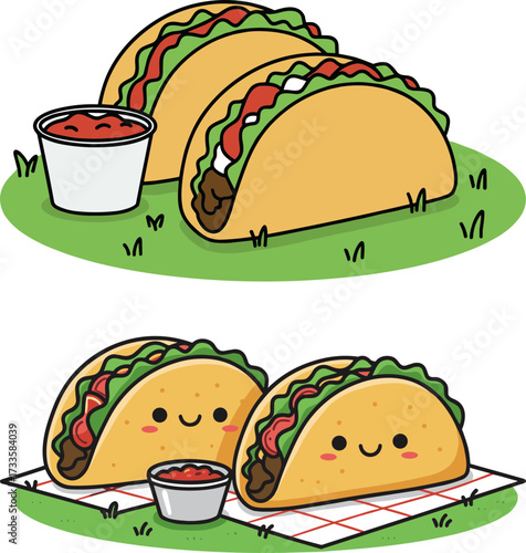 Illustrated tacos with smiling faces on grass with salsa dip and blanket, flat style, transparent background  