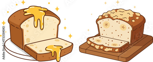 Sliced loaf of bread with melted butter and crumbs on wooden board, flat style, transparent background  