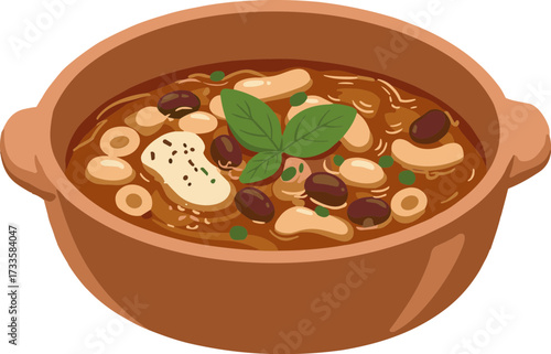 Brown bean soup in a clay bowl with fresh herbs on top - Concept of flat style, transparent background  
