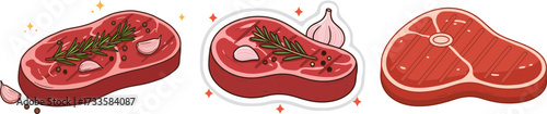 Assorted steaks with garlic and herbs in flat style, transparent background  