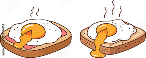 Fried egg on toast with melting yolk in flat style and transparent background  