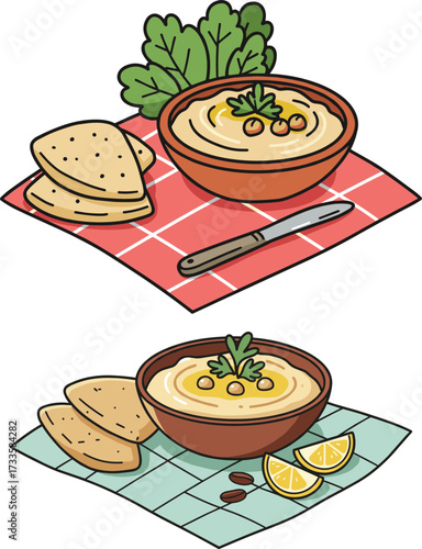Delicious hummus served in bowls with pita bread on patterned tablecloth  