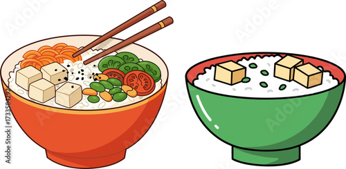 Bowls of rice with vegetables and tofu in flat style, transparent background  