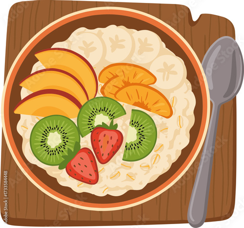 Bowl of oatmeal topped with sliced fruits on wooden background, flat style, transparent background  