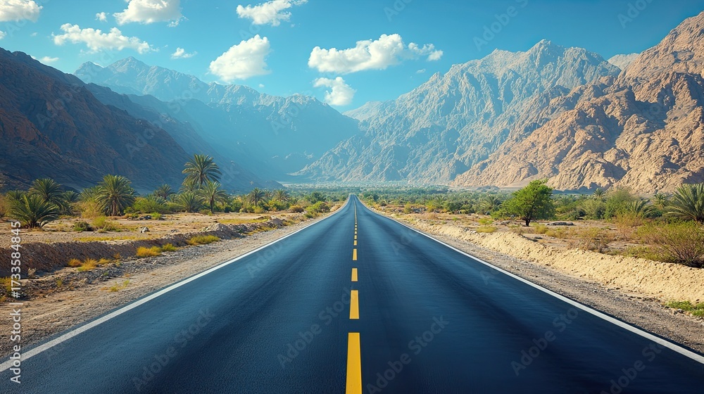 Naklejka premium Scenic Route Through the Desert: An Open Road Leading to Distant Mountains