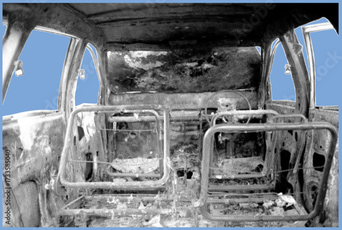 close up of burnt car interior debris pixelate grayscale color halftone dotted texture style collage element isolated on blue background