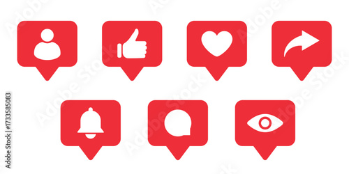 Red social media icons set including like, heart, share, comment, follow, notification and view. Minimal flat illustration for online interaction, communication, engagement, feedback and community